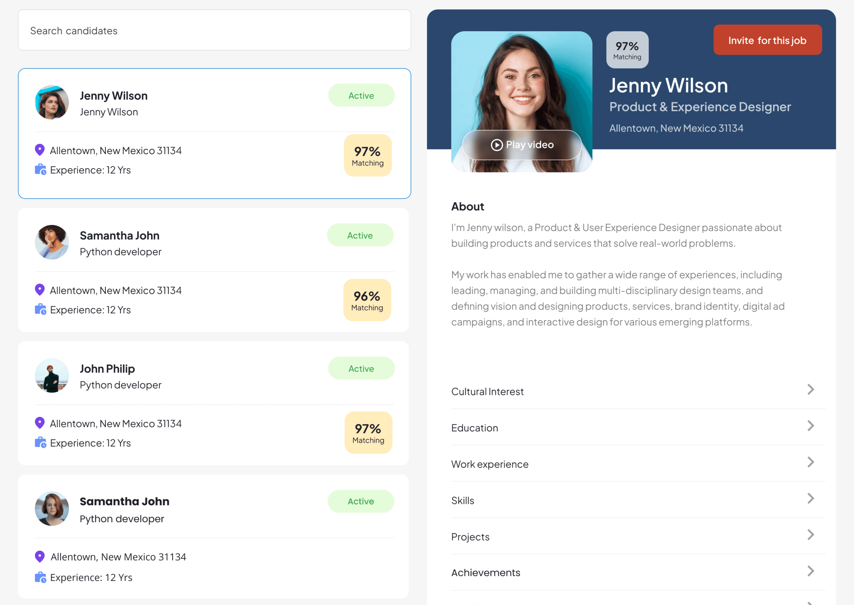Candidate profile and match score preview