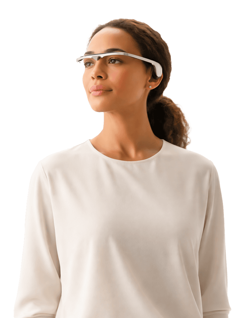 Professional woman wearing assistive smart glasses.