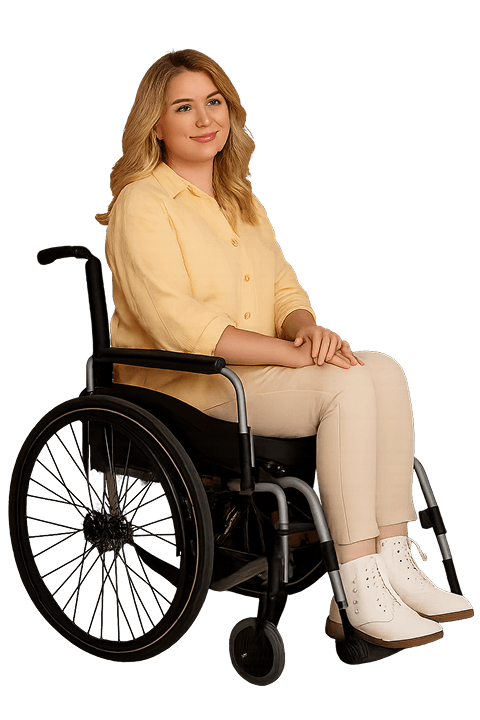 A professional woman in a wheelchair smiling, representing the talent empowered by the Academy