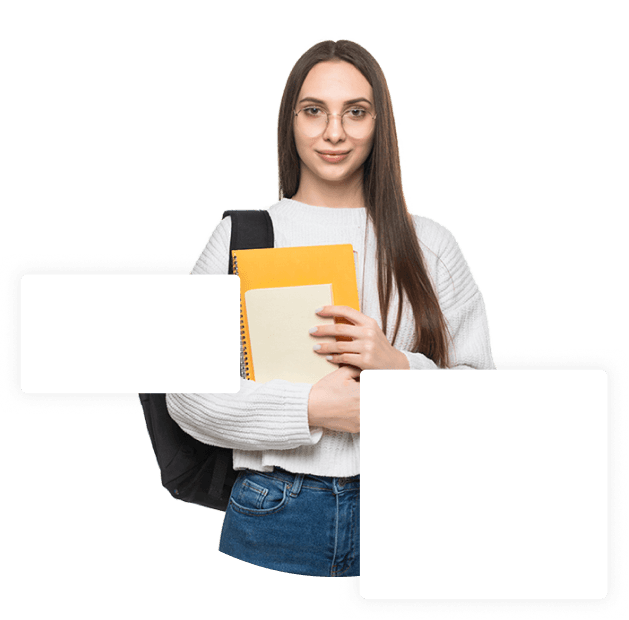 Woman holding notebooks and backpack